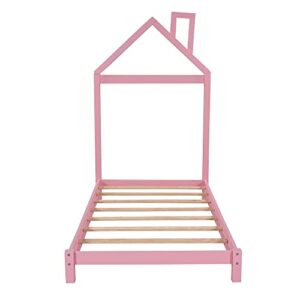 Merax Twin Kids Bed House Shaped Low Beds, Wood Platform Bed Frame for Girls,No Box Spring Needed,Easy Assemble (Twin,Pink