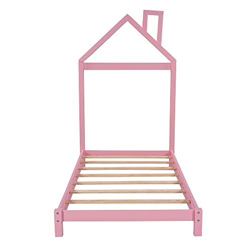 Merax Twin Kids Bed House Shaped Low Beds, Wood Platform Bed Frame for Girls,No Box Spring Needed,Easy Assemble (Twin,Pink