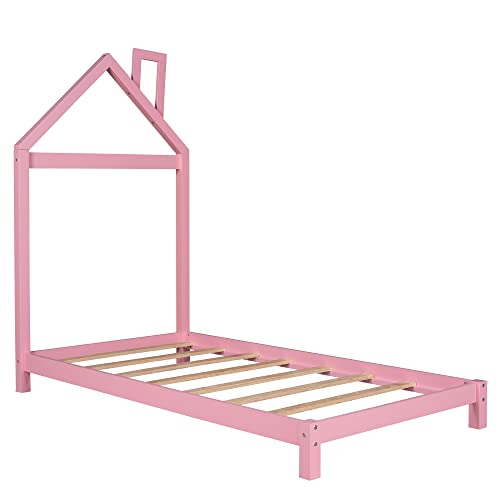 Merax Twin Kids Bed House Shaped Low Beds, Wood Platform Bed Frame for Girls,No Box Spring Needed,Easy Assemble (Twin,Pink