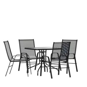 flash furniture brazos series 5-piece glass patio table and chairs set, outdoor patio dining set with square table and 4 sling patio chairs, black