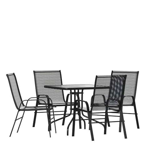 Flash Furniture Brazos Series 5-Piece Glass Patio Table and Chairs Set, Outdoor Patio Dining Set with Square Table and 4 Sling Patio Chairs, Black