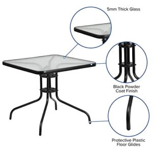 Flash Furniture Brazos Series 5-Piece Glass Patio Table and Chairs Set, Outdoor Patio Dining Set with Square Table and 4 Sling Patio Chairs, Black