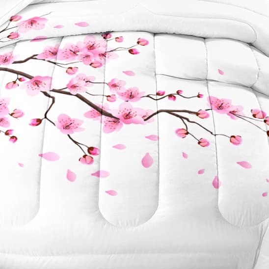 Oriental Romantic Flourishing Cherry Sakura Flower Branches Comforter Set for Girls Kids Teens, Queen Size Pale Pink Blossom Petal Quilted Duvet with 2 Nature Plant Pillowcases-90 x90(Pink, Queen)