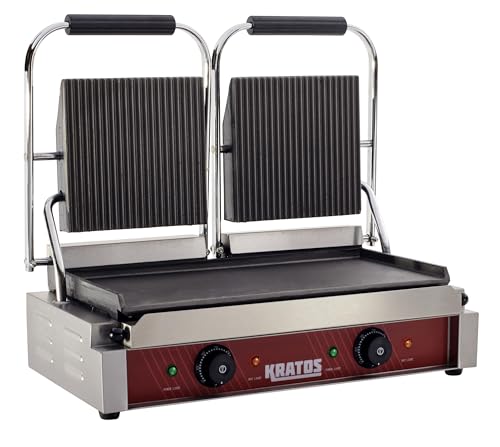 Kratos Commercial Electric Panini Sandwich Grill with Grooved Top and Smooth Bottom Plates, 18.7"x9" Cooking Surface, Commercial Countertop Panini Press, 120V, 3500W (29Y-025)