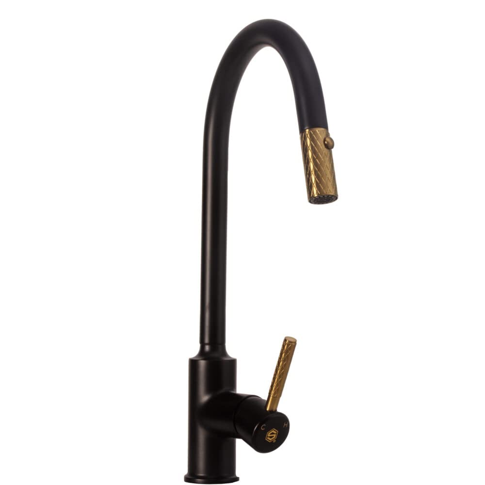 Strictly Sinks Pull Down Kitchen Faucet – Kitchen Faucet with Pull Out Sprayer & 360° Swivel Spout, Faucet for Kitchen Sink with Spray & Stream Modes (Black & Gold Finish)