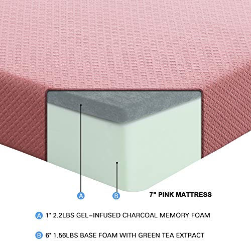 Lexicon Valente 7-Inch Gel-Infused Memory Foam Mattress Set, Twin, Pink