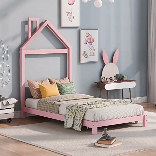 Merax Twin Kids Bed House Shaped Low Beds, Wood Platform Bed Frame for Girls,No Box Spring Needed,Easy Assemble (Twin,Pink