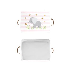 Personalized Elephant Butterfly Grass Canvas Storage Bins with Name Organizer Bin Storage Basket with Handles for Gift Baskets Book Bag (1 Pack)