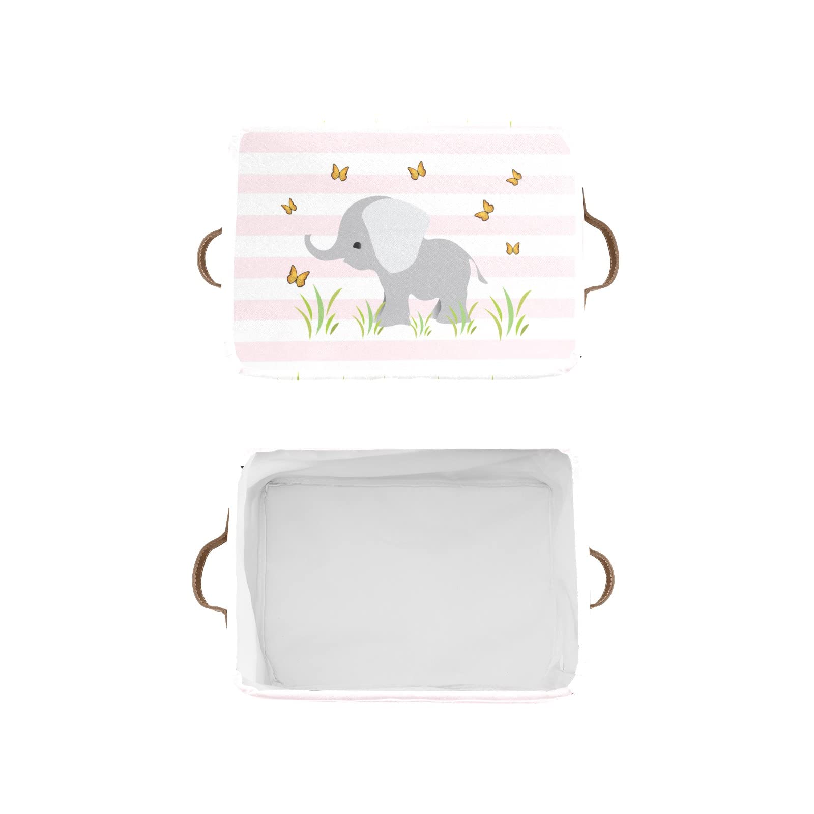 Personalized Elephant Butterfly Grass Canvas Storage Bins with Name Organizer Bin Storage Basket with Handles for Gift Baskets Book Bag (1 Pack)