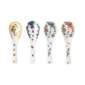 honheam ceramic soup spoons set, bohemian porcelain rice spoons, colorful glaze flower pattern tableware spoons set of 4