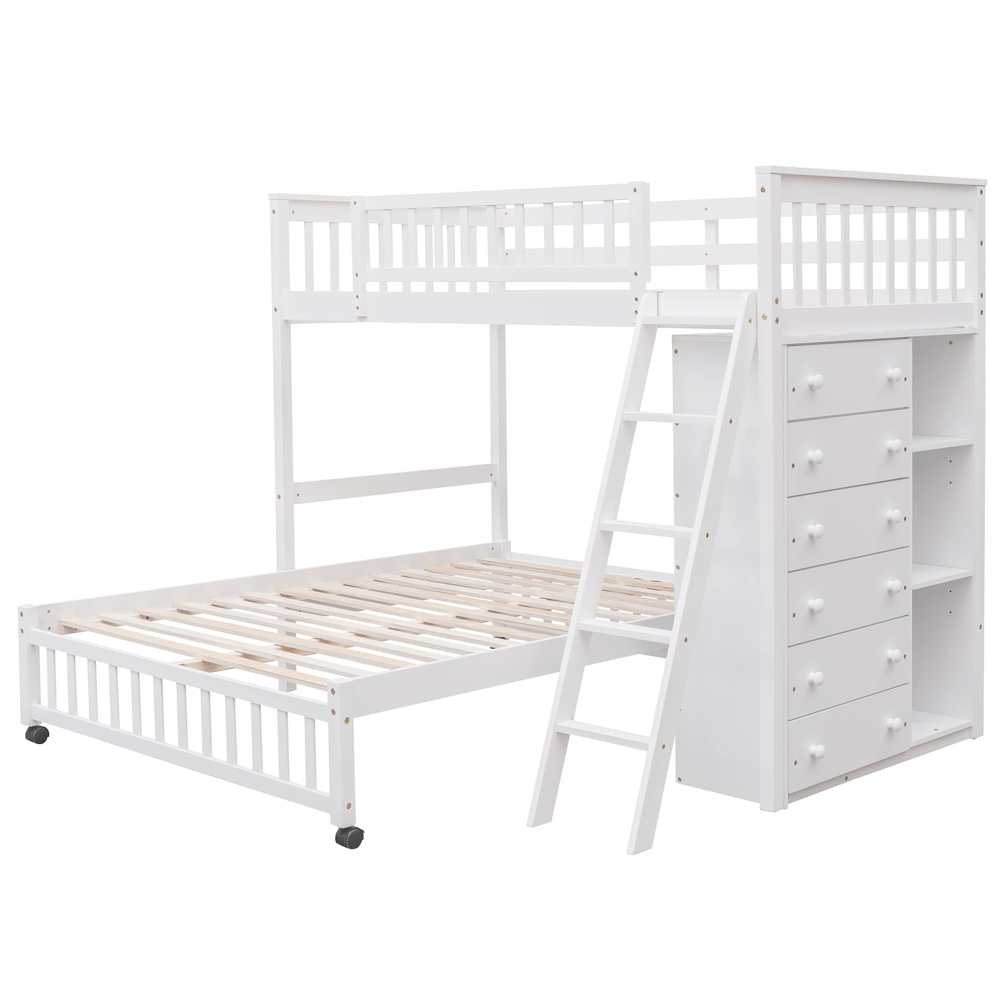 Harper & Bright Designs Twin Over Full Bunk Beds with Six Drawers and Flexible Shelves,Wooden Bunk Beds with Storage and Removable Bottom Bed for Kids Girls Boys,No Box Spring Needed (White)