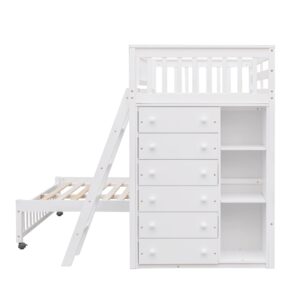 Harper & Bright Designs Twin Over Full Bunk Beds with Six Drawers and Flexible Shelves,Wooden Bunk Beds with Storage and Removable Bottom Bed for Kids Girls Boys,No Box Spring Needed (White)