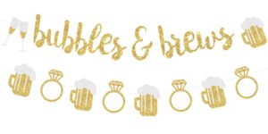 sursurprise gold glitter bubbles & brews banner, beer diamond ring garland, bubbly bar sign for funny engagement party decorations bridal shower wedding bachelorette supplies