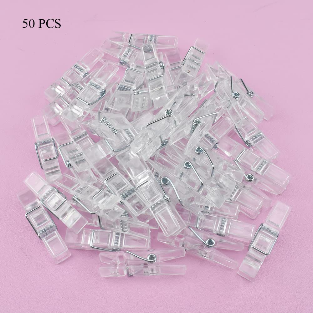 HAHIYO 1.38in Plastic Mini Transparent Clothespins Good Clarity Clips Strong Sturdy Firm Hold Clamp Tight Easy Use No Pin Hole on Fabric for Hanging Photos Postcards Memos Baby Shower Paper Line 50PCS