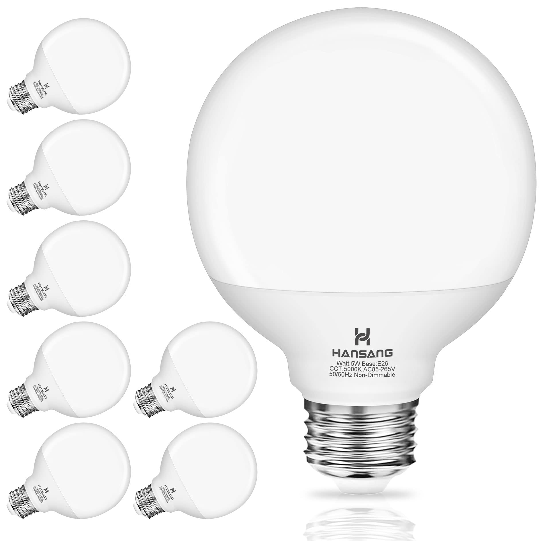 hansang 8 Pack Globe Bathroom Light Bulbs, 5000K Daylight, 60 Watt Equivalent, E26 Base G25 LED Vanity Light Bulb, Round Light Bulbs for Makeup Mirror 120V, 500LM, CRI85+, Eye Protection Non-dimmable