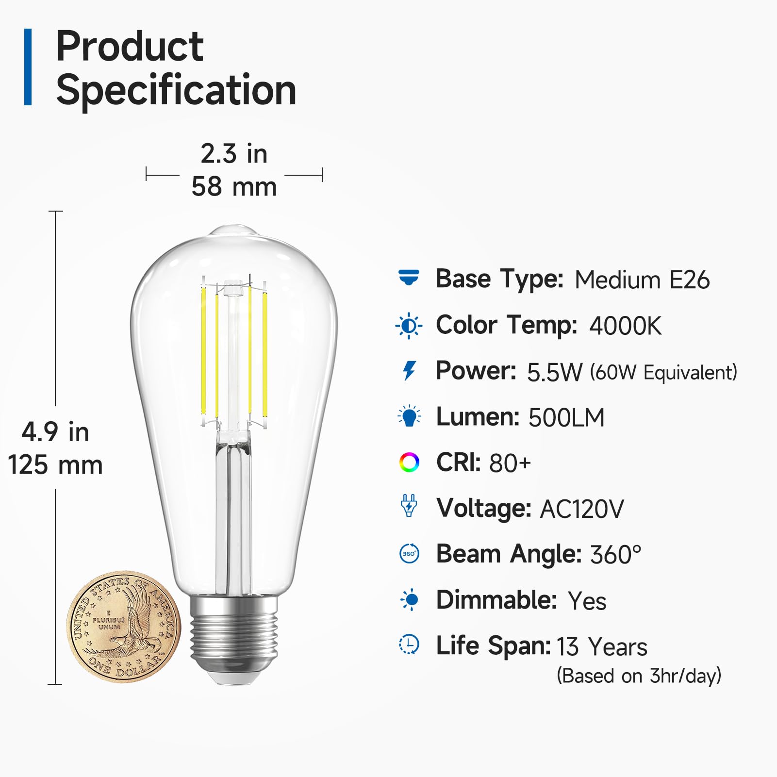 SHINESTAR E26 LED Bulb 60 Watt Dimmable, 4000K Bright White, Edison Light Bulbs for Bathroom Vanity, 4-Pack