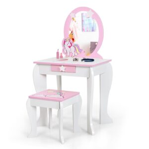 olakids kids vanity, 2 in 1 white princess wooden table and chair set for toddlers with detachable unicorn mirror, stool, storage drawer, pretend beauty make up dressing play set for girls age 4-9