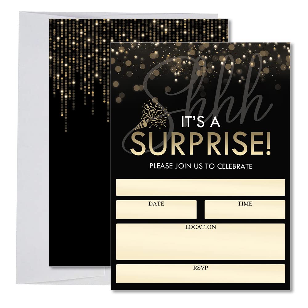 Partiness Surprise Birthday Party Invitations for Men and Women, Black and Gold 60th, 70th, 80th Adult Surprise Retirement Party, part004 0