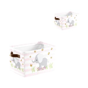 Personalized Elephant Butterfly Grass Canvas Storage Bins with Name Organizer Bin Storage Basket with Handles for Gift Baskets Book Bag (1 Pack)