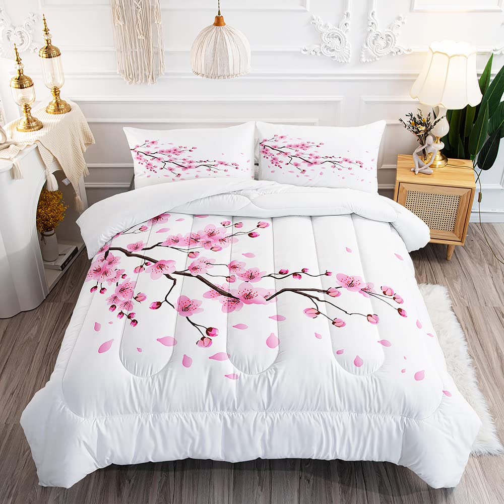 Oriental Romantic Flourishing Cherry Sakura Flower Branches Comforter Set for Girls Kids Teens, Queen Size Pale Pink Blossom Petal Quilted Duvet with 2 Nature Plant Pillowcases-90 x90(Pink, Queen)