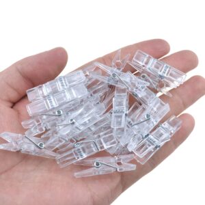 hahiyo 1.38in plastic mini transparent clothespins good clarity clips strong sturdy firm hold clamp tight easy use no pin hole on fabric for hanging photos postcards memos baby shower paper line 50pcs