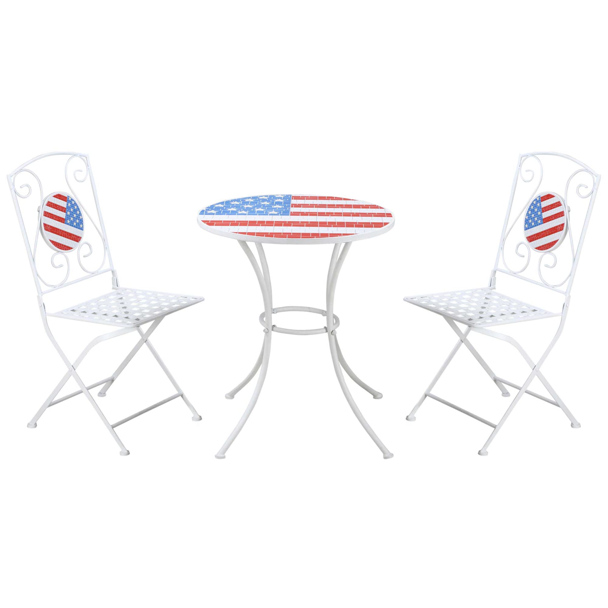 Outsunny 3 Piece Patio Bistro Set, Folding Outdoor Furniture with USA Mosaic Table and Chairs, Portable Metal Frames for 4th of July, Balcony, Backyard, Poolside, Porch, American Flag