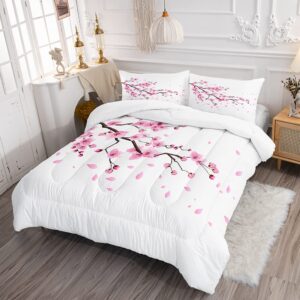 Oriental Romantic Flourishing Cherry Sakura Flower Branches Comforter Set for Girls Kids Teens, Queen Size Pale Pink Blossom Petal Quilted Duvet with 2 Nature Plant Pillowcases-90 x90(Pink, Queen)