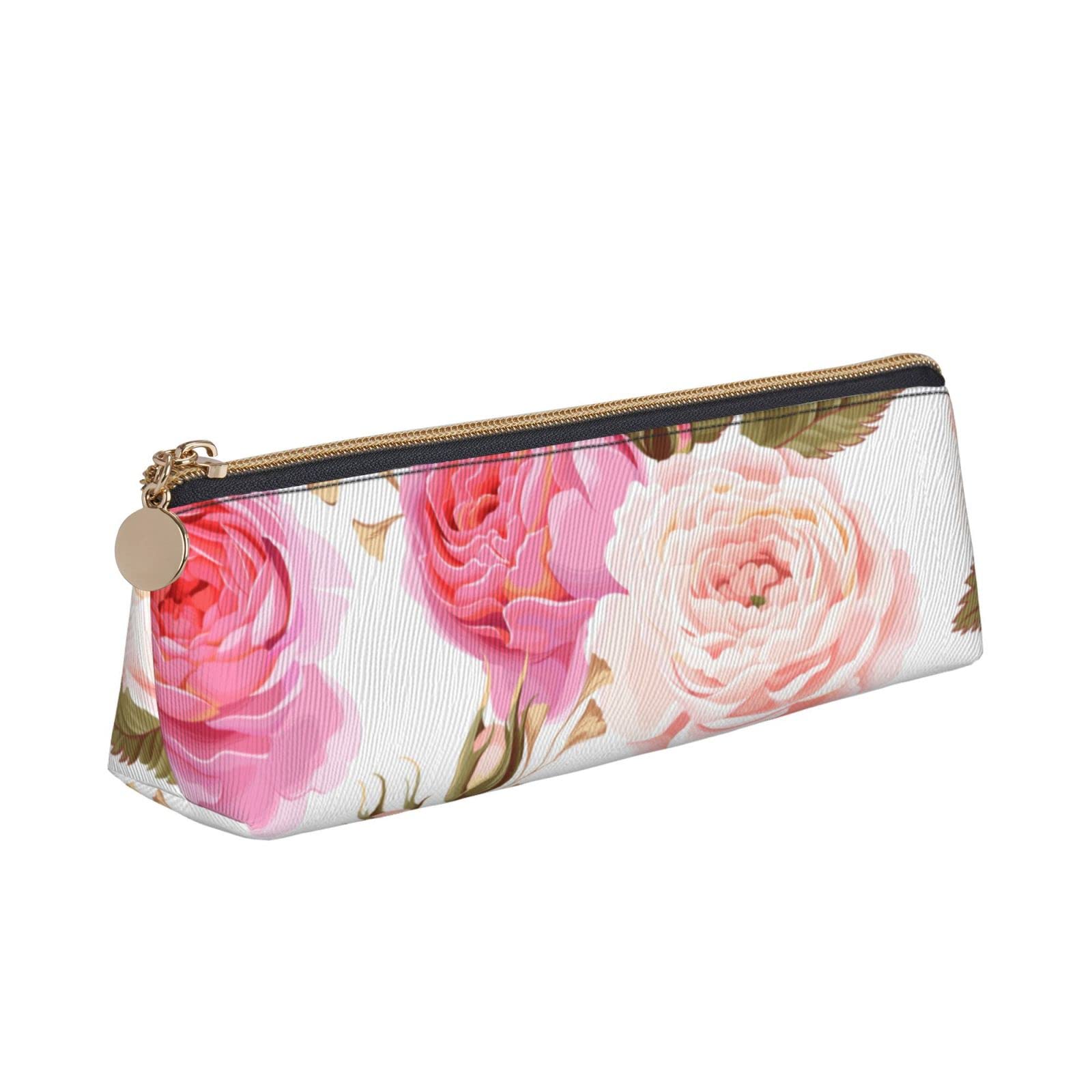 OUZPGAQ Beautiful Pink Roses Pencil Case, White Triangle Portable Pen Bag Pouch with Zipper for Teens Stationary Supplies, Small Cosmetic Bag for Girls, Slim Cash Coin Bag