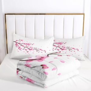 Oriental Romantic Flourishing Cherry Sakura Flower Branches Comforter Set for Girls Kids Teens, Queen Size Pale Pink Blossom Petal Quilted Duvet with 2 Nature Plant Pillowcases-90 x90(Pink, Queen)