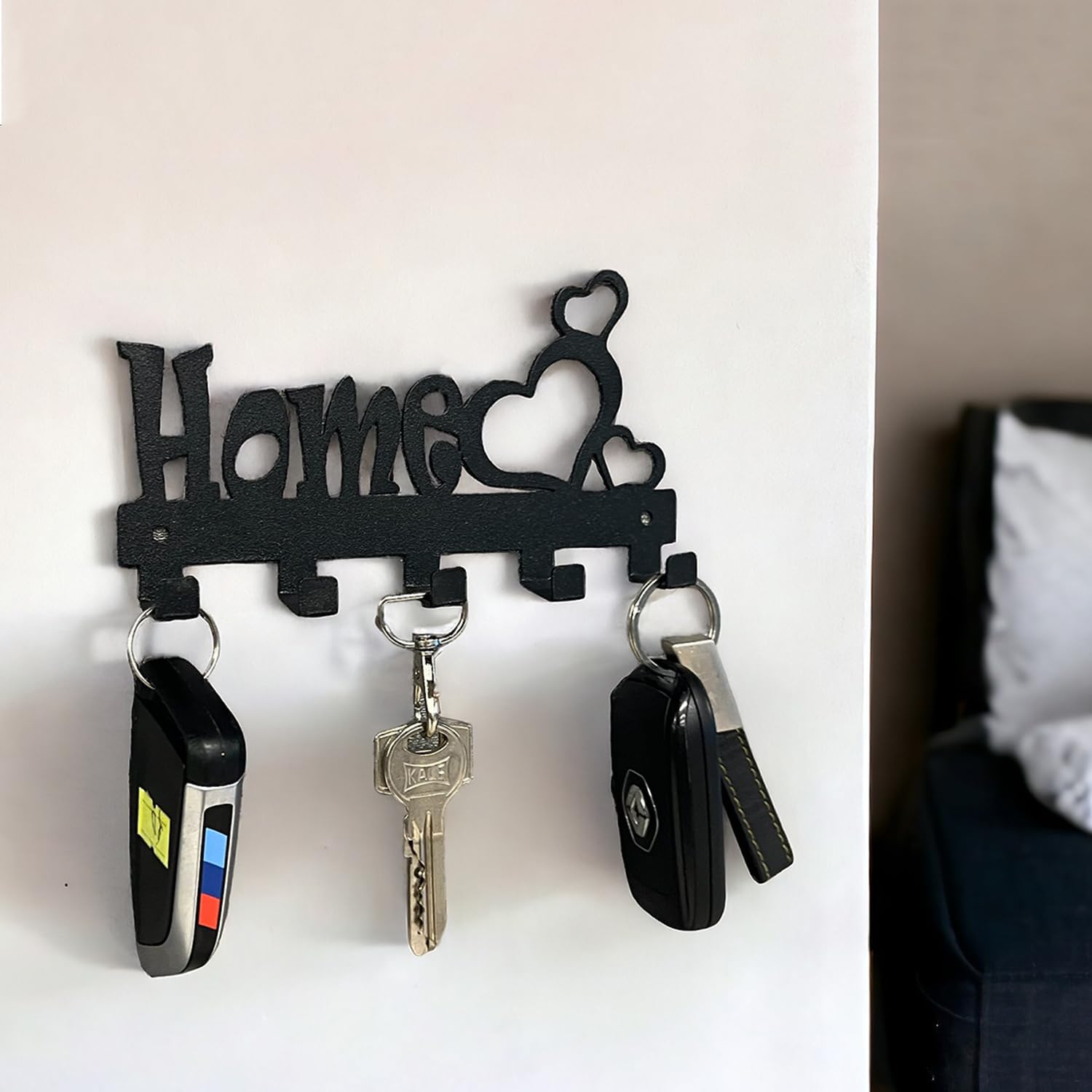 decorelax Sweet Home Themed Black Metal Key Holder for Wall Key Rack with 5 Key Hooks for Hang Keyrings Umbrella (Model-1)