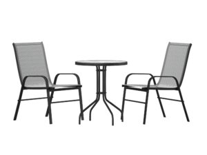 flash furniture brazos 3 piece outdoor patio dining set - 2 gray flex comfort stack chairs - 23.75" round tempered glass patio table