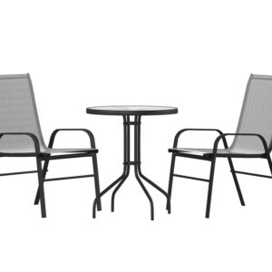 Flash Furniture Brazos 3 Piece Outdoor Patio Dining Set - 2 Gray Flex Comfort Stack Chairs - 23.75" Round Tempered Glass Patio Table