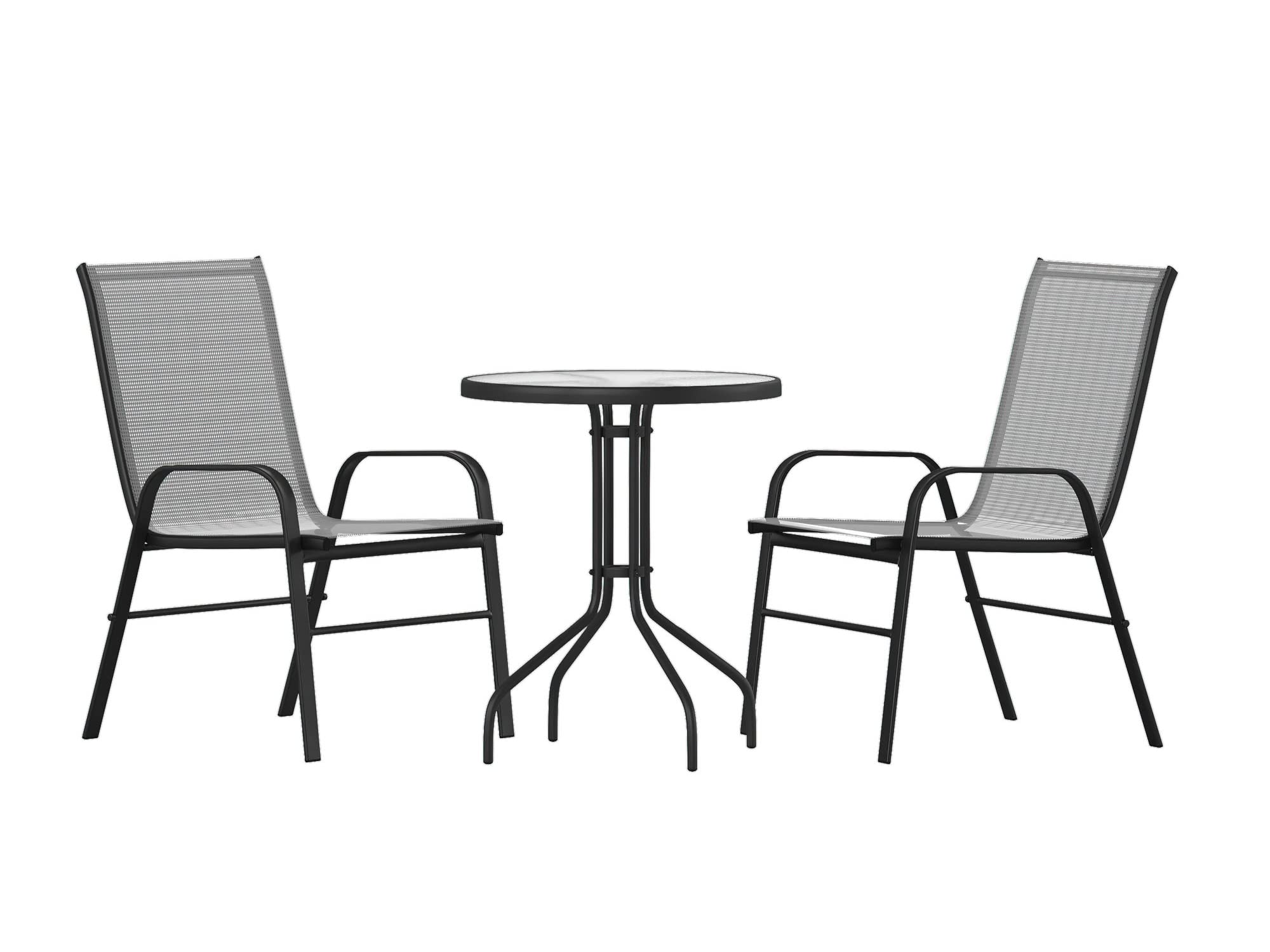 Flash Furniture Brazos 3 Piece Outdoor Patio Dining Set - 2 Gray Flex Comfort Stack Chairs - 23.75" Round Tempered Glass Patio Table