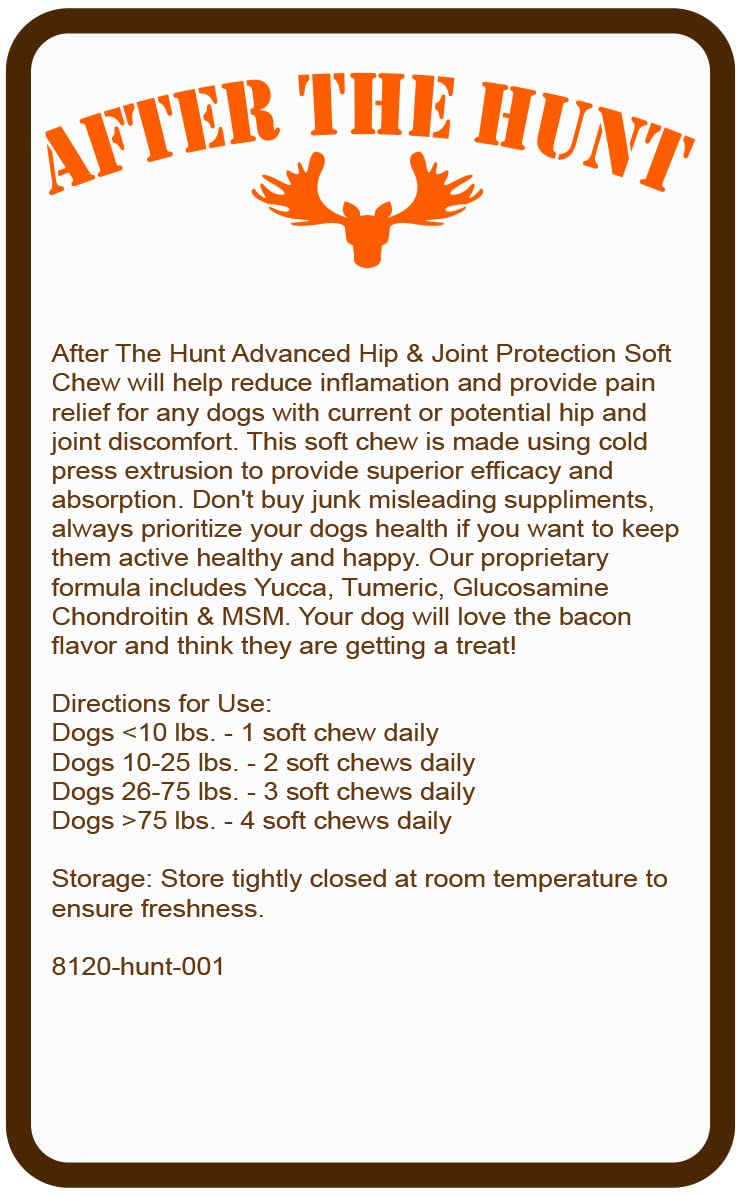 After The Hunt Advanced Hip & Joint Protection Dog Supplement with Glucosamine, Chondroitin & MSM - Inflammatory Pain Relief Chews to Help Flexibility - Bacon Flavored - Yucca & Turmeric - 120 Ct