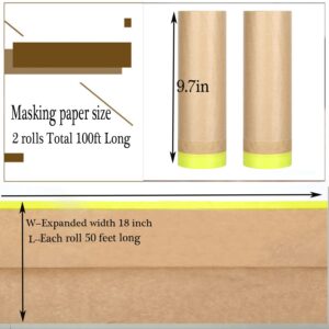 Masking Paper, paint masking, 2 Pack Automotive Paint Paper Roll with Tape, Tape and Drape for Painting, Assorted Paint Masking Paper for Car and Furniture (Unfold 18 inch Width X 100 ft Long)