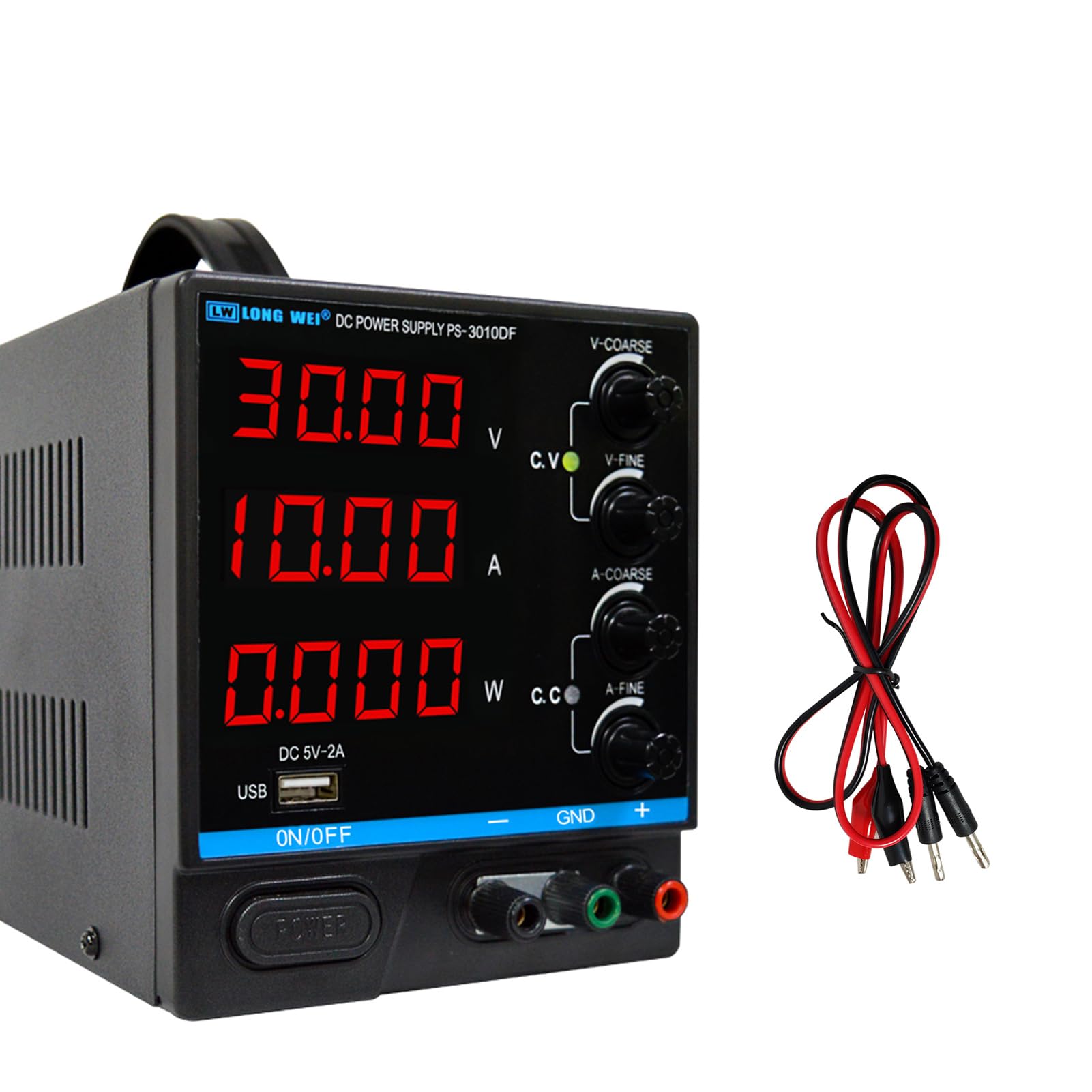 LWLONGWEI DC Power Supply Variable,30V 10A Adjustable Switching Regulated DC Bench Power Supply with 4-Digits LED Power Display, Coarse and Fine Adjustments with Alligator Leads Black