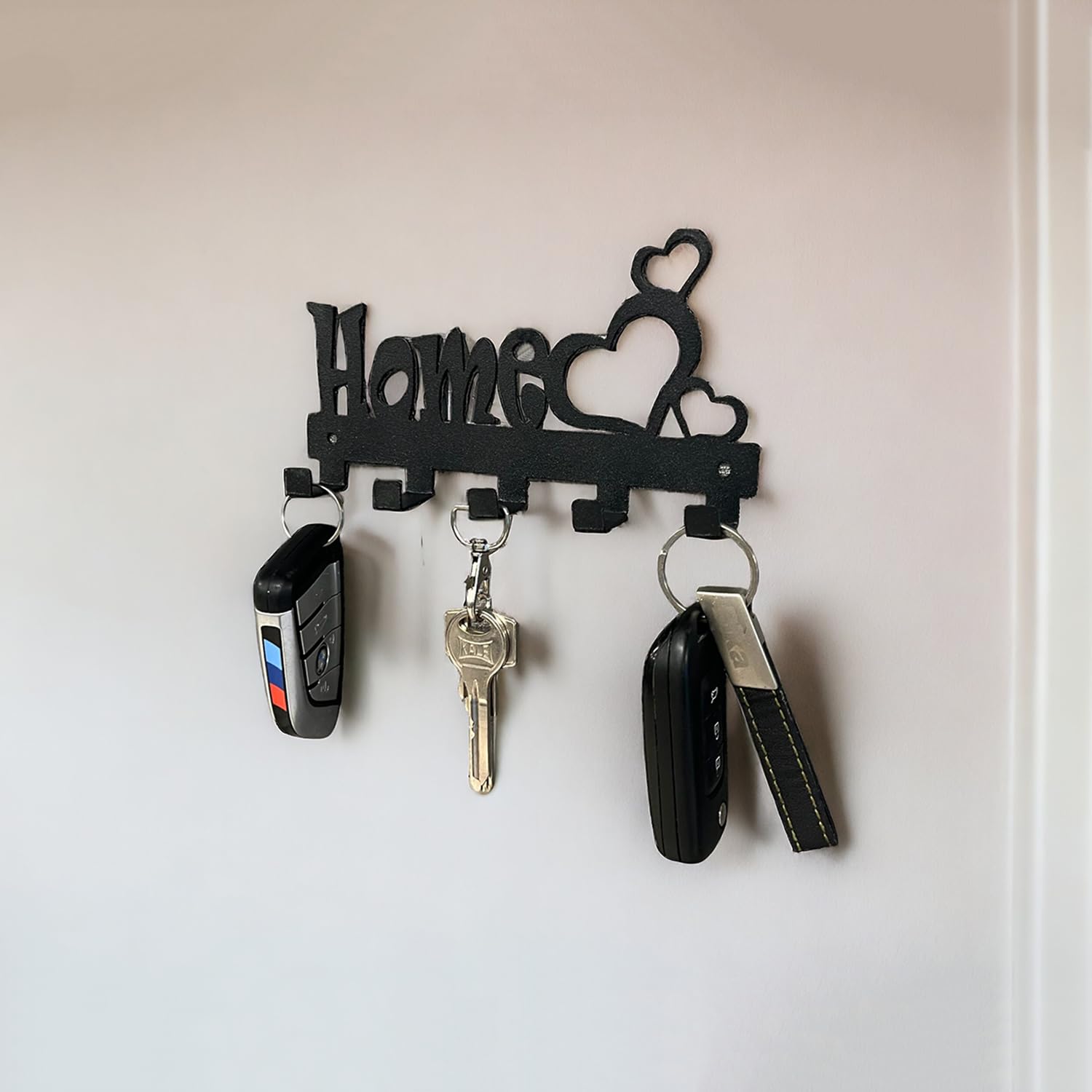 decorelax Sweet Home Themed Black Metal Key Holder for Wall Key Rack with 5 Key Hooks for Hang Keyrings Umbrella (Model-1)