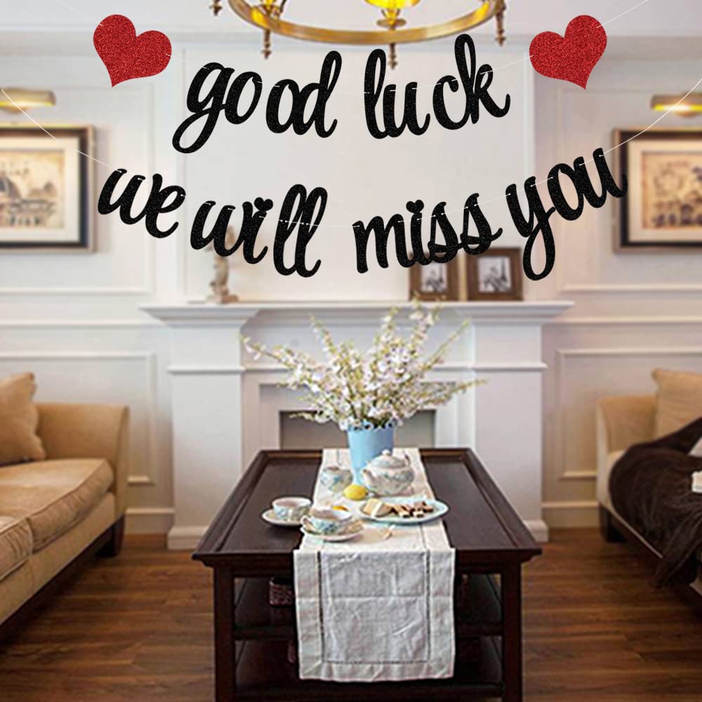 PALASASA Good Luck We will Miss You banner, Black Red Farewell Party Decoration, Retirement Party -Graduation Party Going Away Party Office Work Party Farewell Party Decorations Supplies