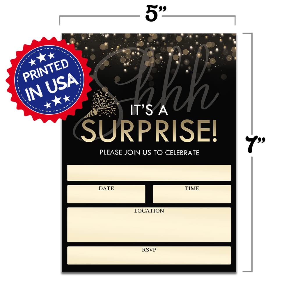 Partiness Surprise Birthday Party Invitations for Men and Women, Black and Gold 60th, 70th, 80th Adult Surprise Retirement Party, part004 0