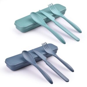 2 sets reusable utensil set with case, portable camping fork knife spoon set, wheat straw travel utensils for lunch box, for school work lunch or daily use (green, blue)