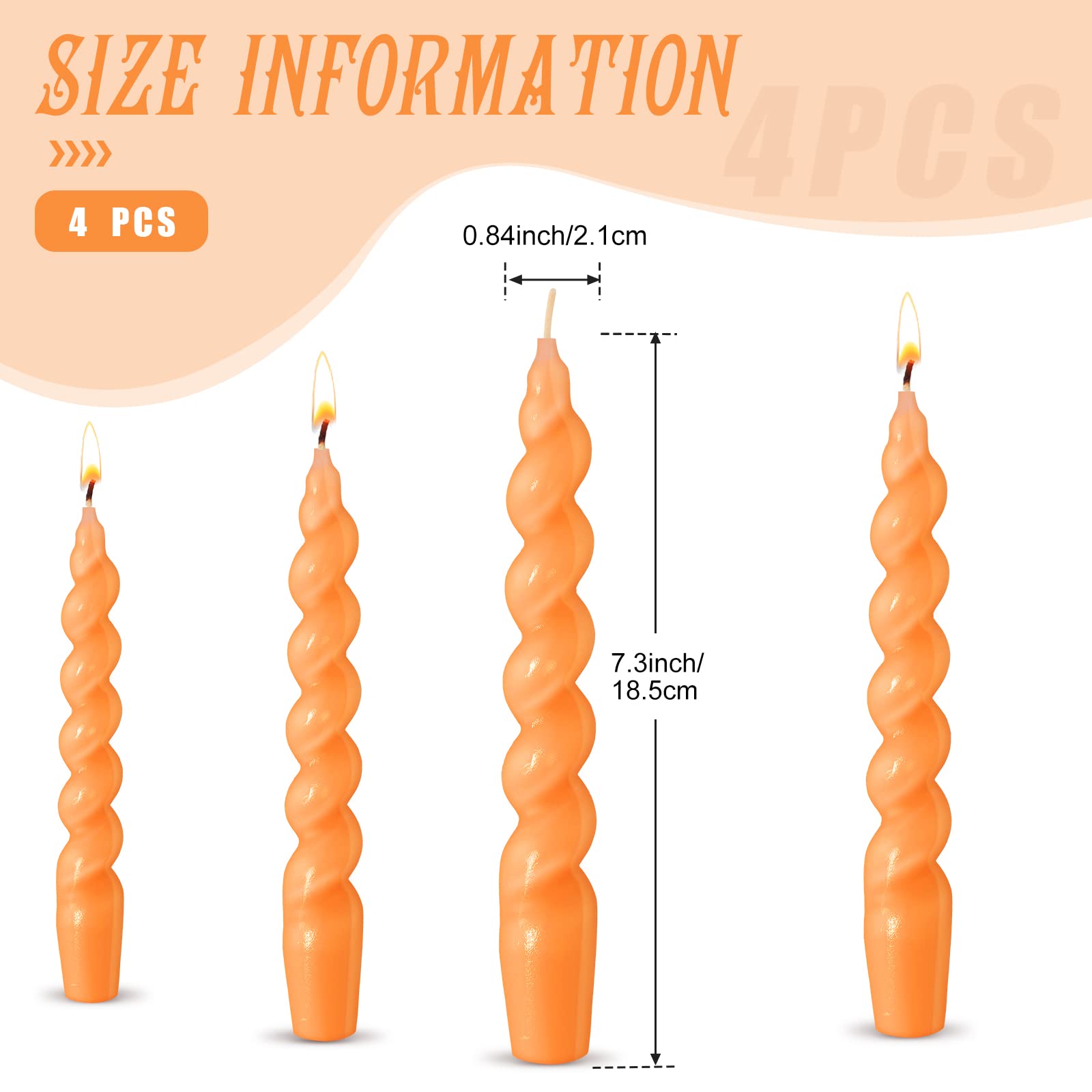 4 Pcs Spiral Taper Candles Handmade Twisted Long Candle Spiral Candle Stick Candles Twisted Candles Wax Unscented Dinner Candle for Halloween Christmas Holiday Wedding Birthday Gift(Orange)