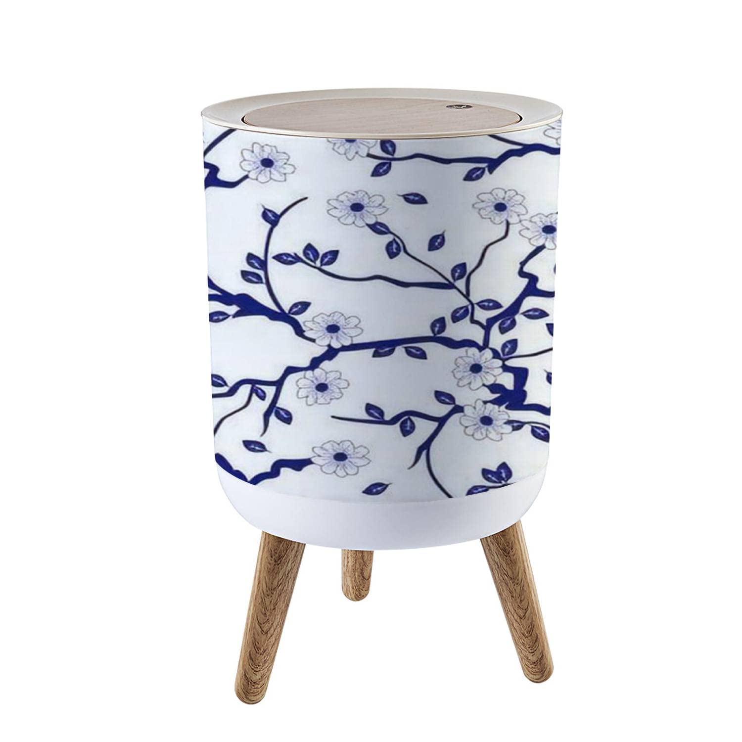 QOR88NJOG Oriental Floral Blue and White Ceramic Chinese Porcelain Painting Hand Trash Can with Lid Kitchen Bathroom Bedroom 1.8 Gallon Press Cover Wastebasket Office Wood Small Garbage Bin Waste Bin