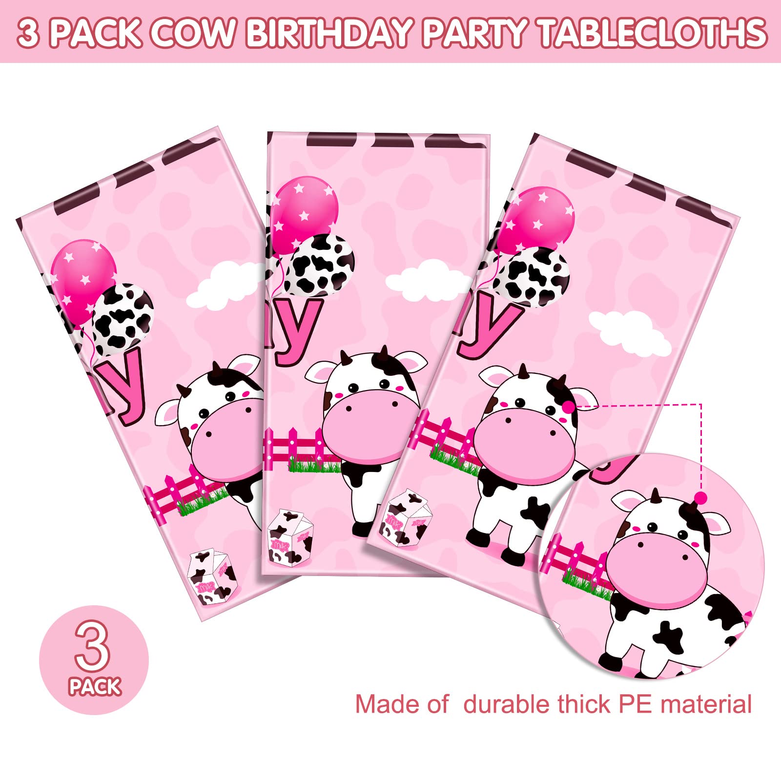 Tiamon 3 Pieces Cow Birthday Party Tablecloth Decorations Plastic Farm Animal Table Cover Pink Cow Print Table Cloths for Farmhouse Girls Happy Birthday Baby Shower Party Supplies, 108 x 54 Inches