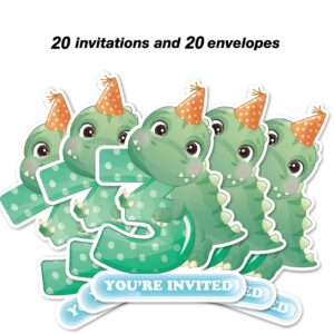 Opomzk Cute Dinosaur 3rd Party Invitations with Envelopes, 20 Set Dinosaur Three Shaped Invitations Third Birthday Kids Party Invites Supplies Favors, Double-Sided