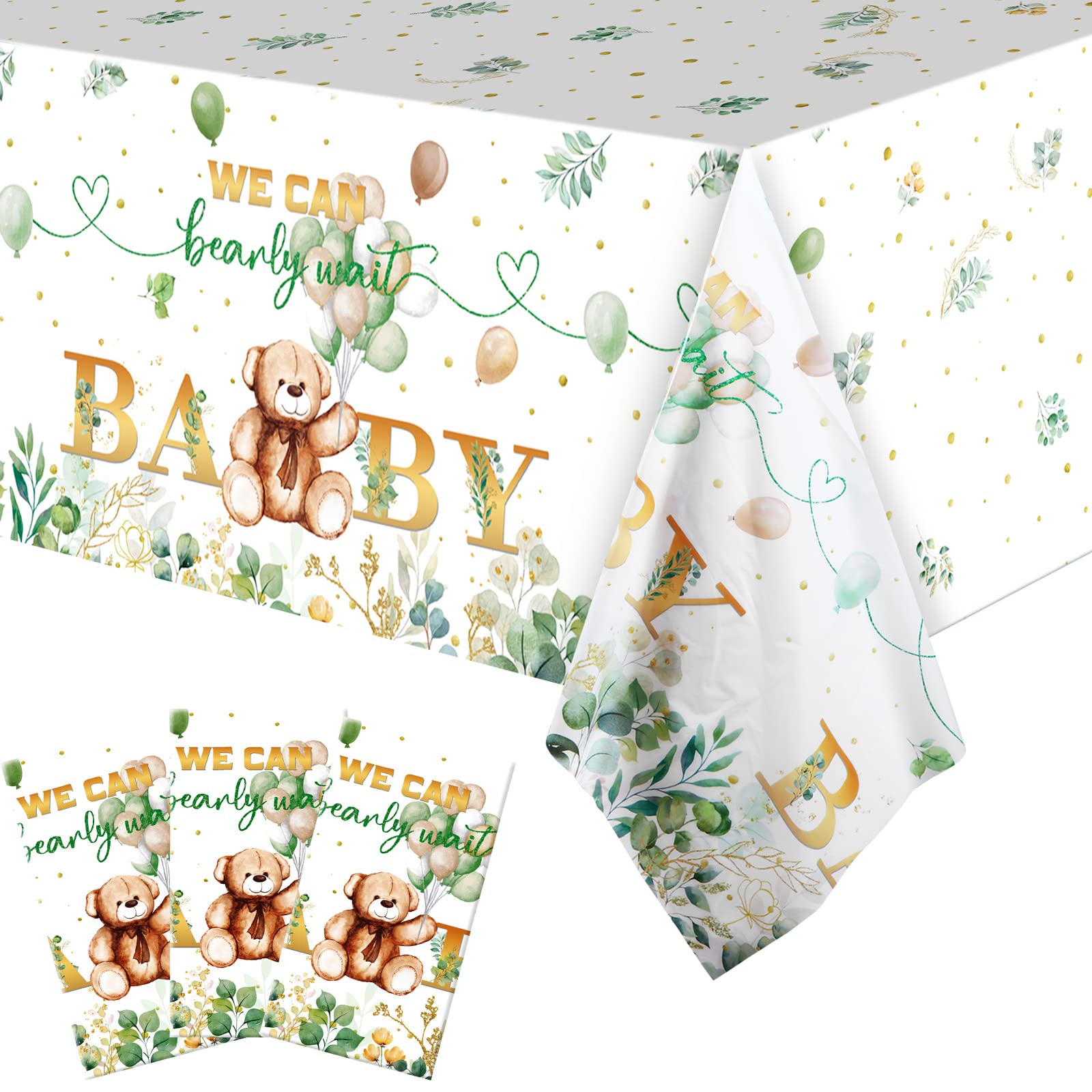 3 Packs We Can Bearly Wait Baby Shower Tablecloth Decorations Teddy Bear Table Cover Balloon Bear Plastic Tablecloth for Bear Theme Birthday Baby Shower Party Decor, 54 x 108 Inch (Green Leaf Style)