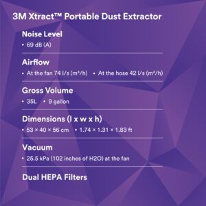 3M Xtract Portable Dust Extractor, 64256, 9 Gallon/35 Liter, Industrial Vacuum with Automatic Filter Clean Without Flow Stoppage, HEPA Filter, Compatibility with Pneumatic and Electric Sanders , Black