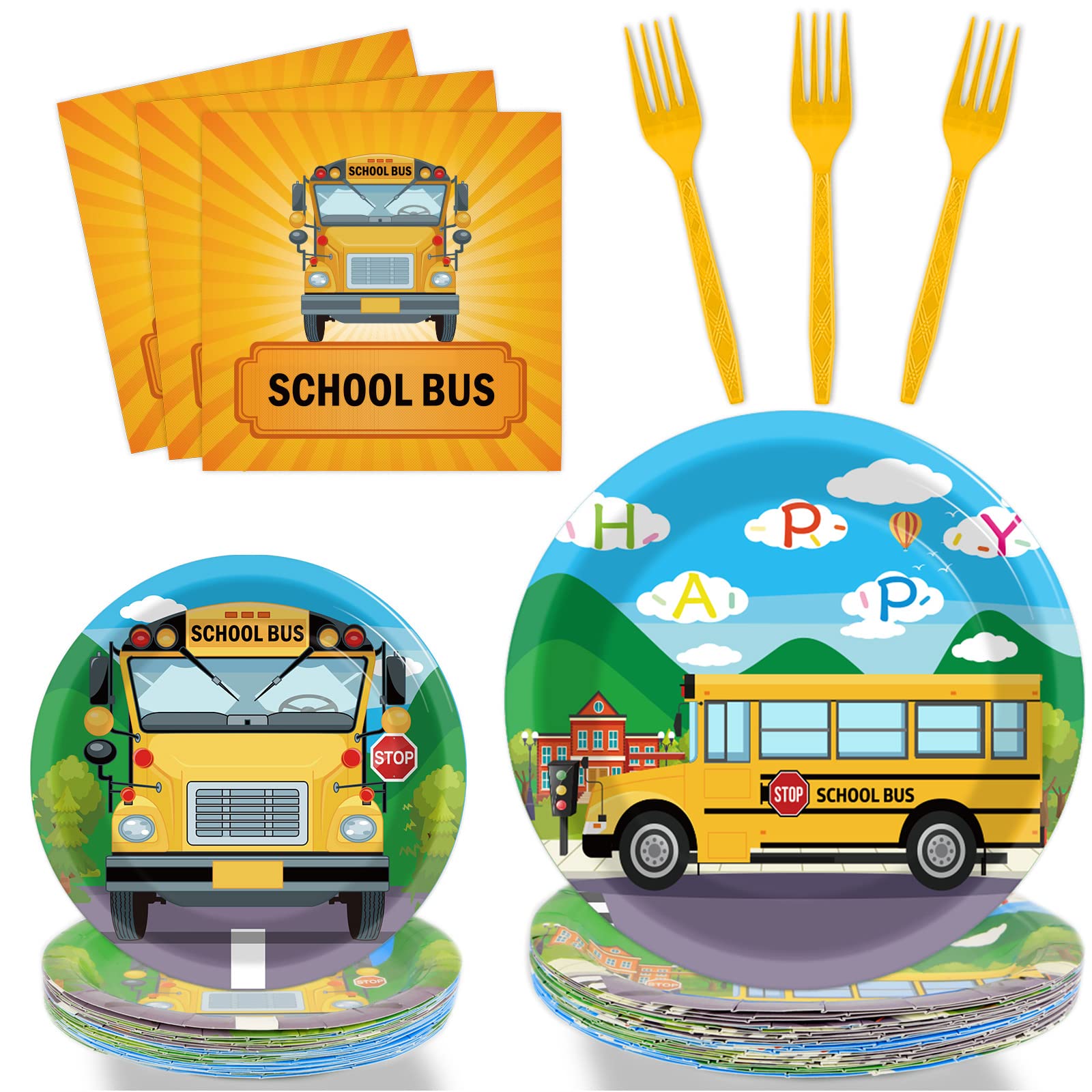 gisgfim 96 Pcs School Bus Party Plates and Napkins Party Supplies Back to School Birthday Party Tableware Set School Bus Decorations Favors for Birthday Baby Shower for 24 Guests