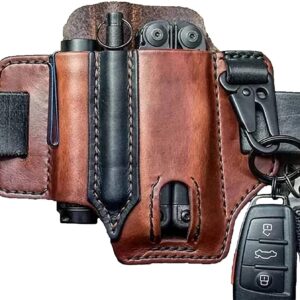 Leather Multi Tool Sheath Pocket Organizer,Multi-Function Tool Sheath for Belt, with Pen Holder, Key Chain, Flashlight Sheath.Everyday Carry (Brown)