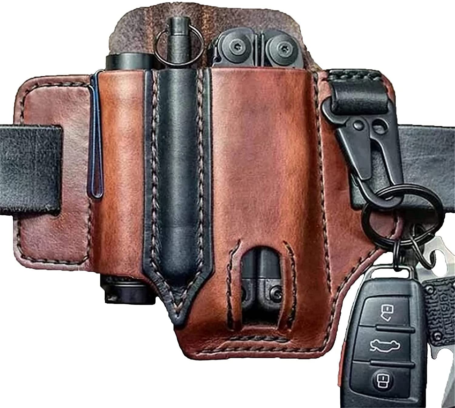 Leather Multi Tool Sheath Pocket Organizer,Multi-Function Tool Sheath for Belt, with Pen Holder, Key Chain, Flashlight Sheath.Everyday Carry (Brown)