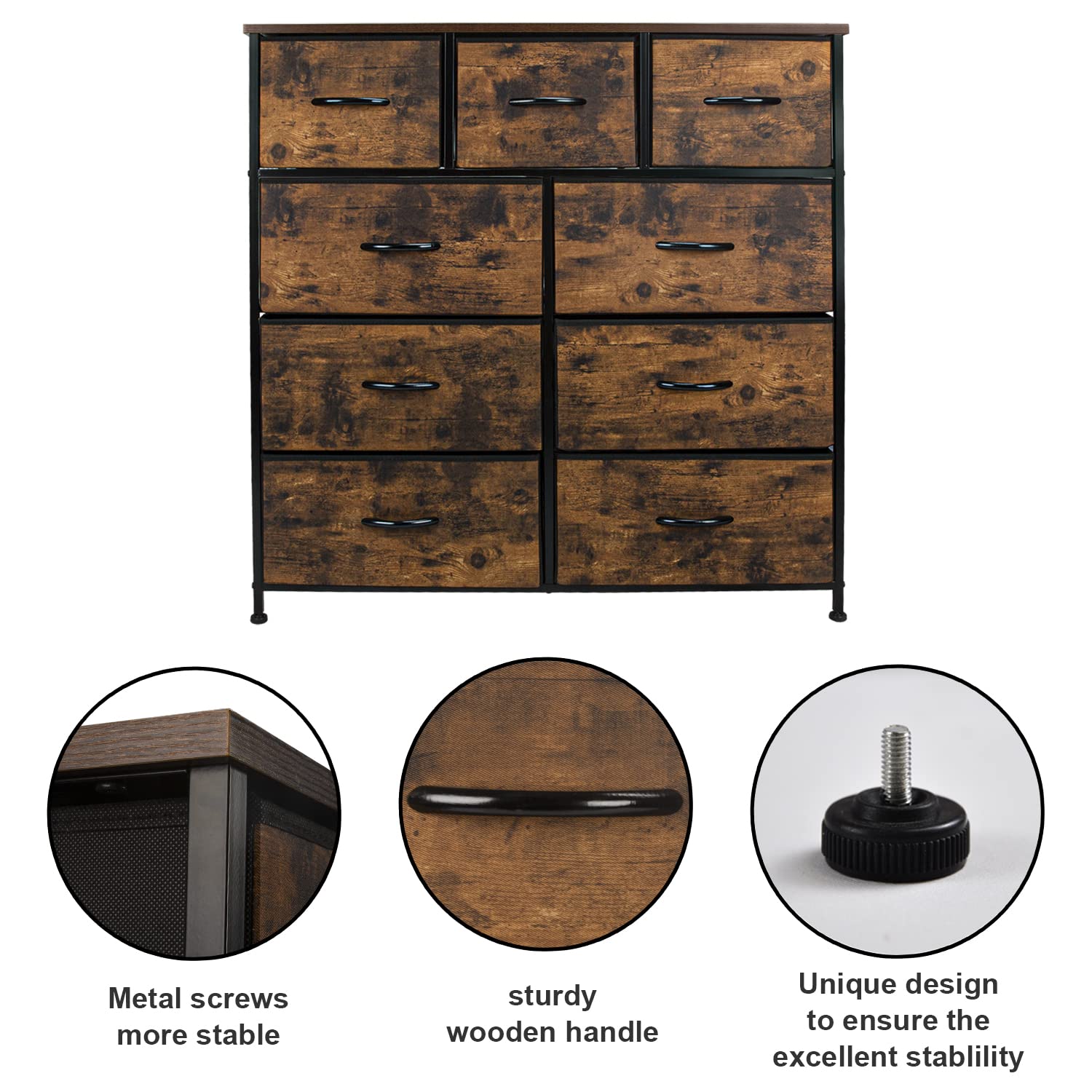 CERBIOR Wide Drawer Dresser Storage Organizer 9-Drawer Closet Shelves, Sturdy Steel Frame Marbling Wood Top with Easy Pull Fabric Bins for Clothing, Blankets (9-Rustic Brown Drawers)